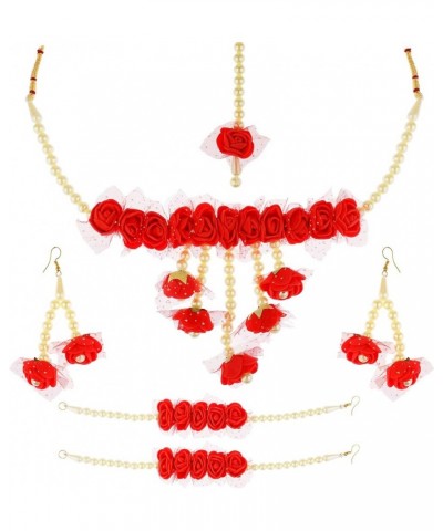 Indian Flower Faux Pearls Jewelry Set for Haldi Mehandi Baby Shower Wedding Women Girls Red $12.69 Jewelry Sets