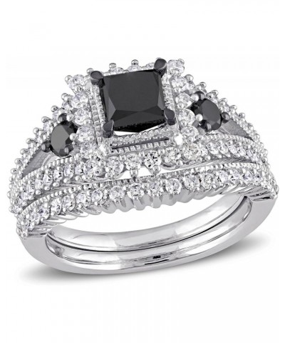 Princess & Round Cut Black & White Diamond Wedding Bridal Ring Set 925 Sterling Silver 14K White Gold Finish $41.25 Sets