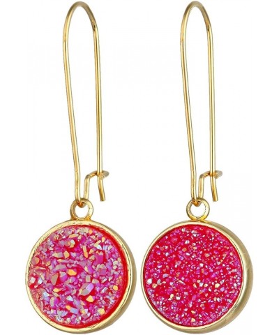 Round Natural Crystal Druzy Kidney Hook Dangle Earrings for Women Pink AB $10.25 Earrings