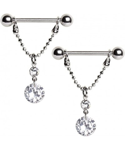 14GA Dangling Chain with Two Round Gems 316L Surgical Stainless Steel Nipple Barbell Rings, Sold as a Pair $9.91 Body Jewelry